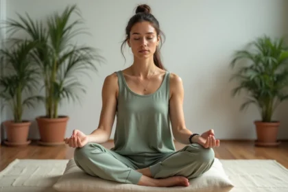 Femme en posture de méditation avec tension visible au niveau de la gorge, illustrant les symptômes d'un chakra gorge bloqué