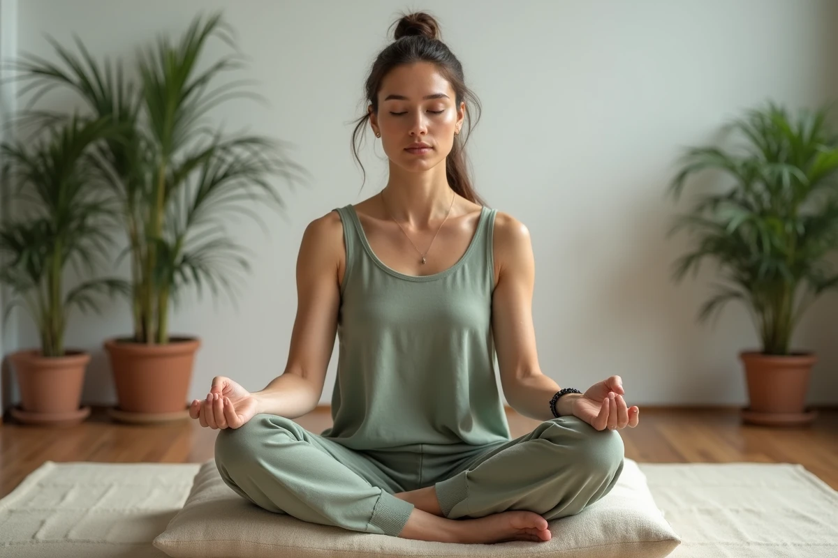 Femme en posture de méditation avec tension visible au niveau de la gorge, illustrant les symptômes d'un chakra gorge bloqué