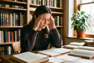 Femme concentrée touchant ses tempes devant des livres ouverts, illustrant le travail de la mémoire et de l'hippocampe