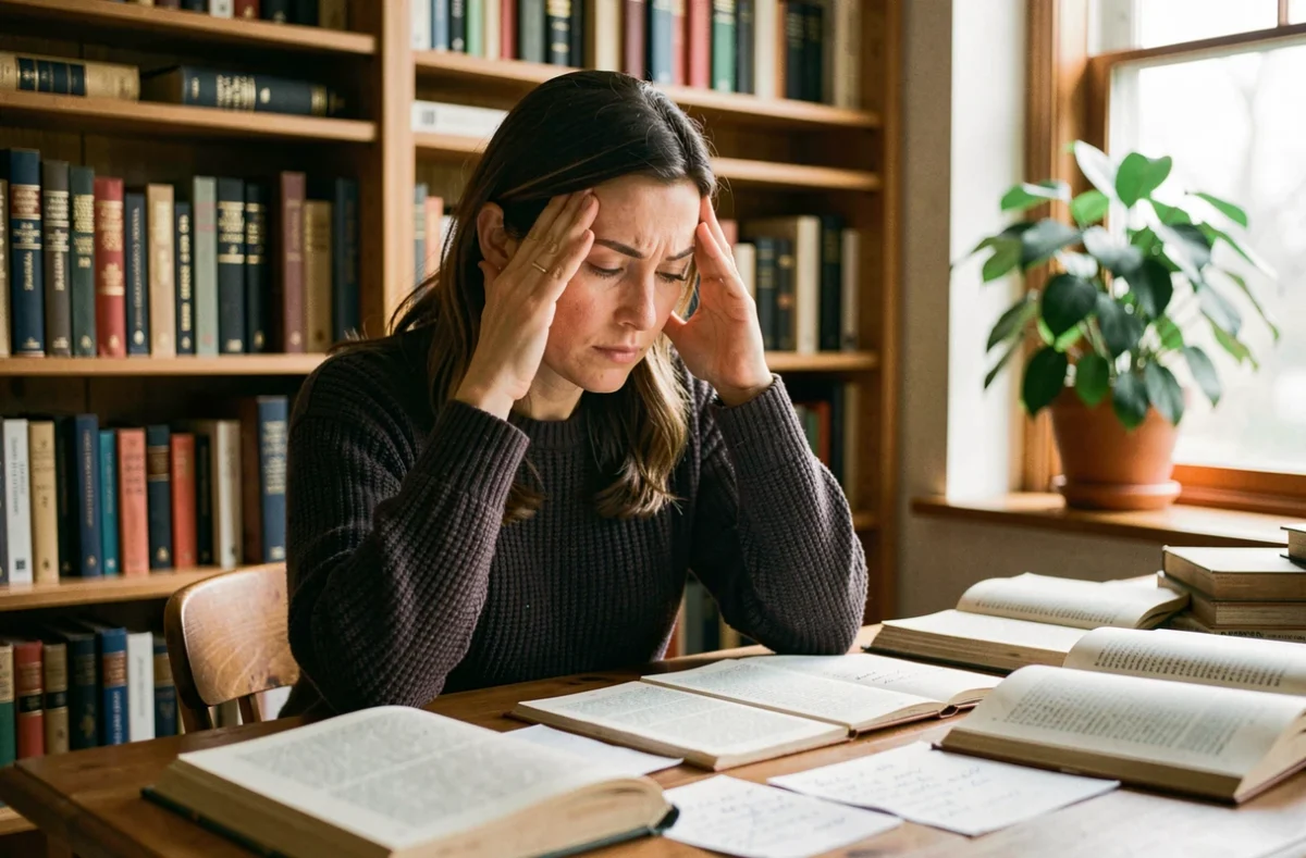 Femme concentrée touchant ses tempes devant des livres ouverts, illustrant le travail de la mémoire et de l'hippocampe