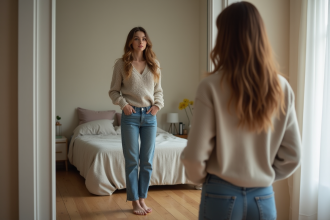 Femme dans sa chambre en miroir pour l'article