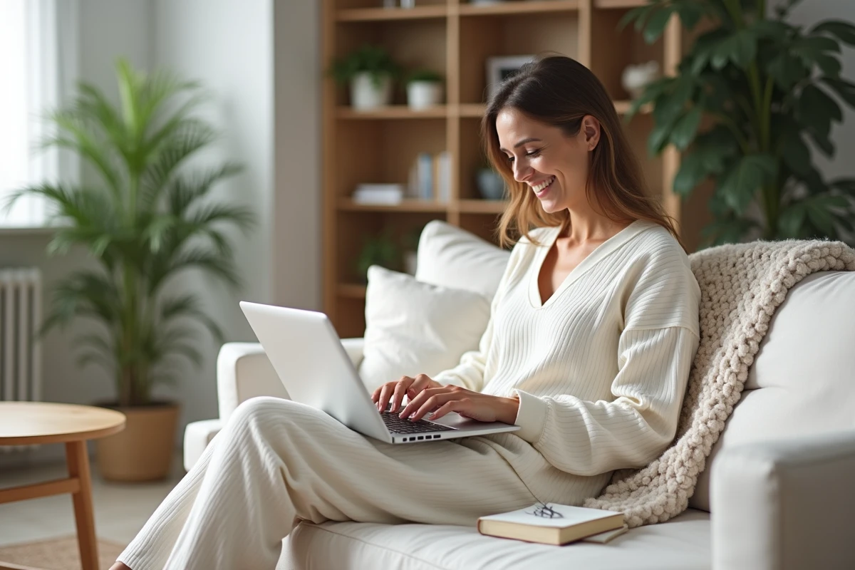 Femme motivée consultant un blog minceur sur son ordinateur portable dans un salon cosy