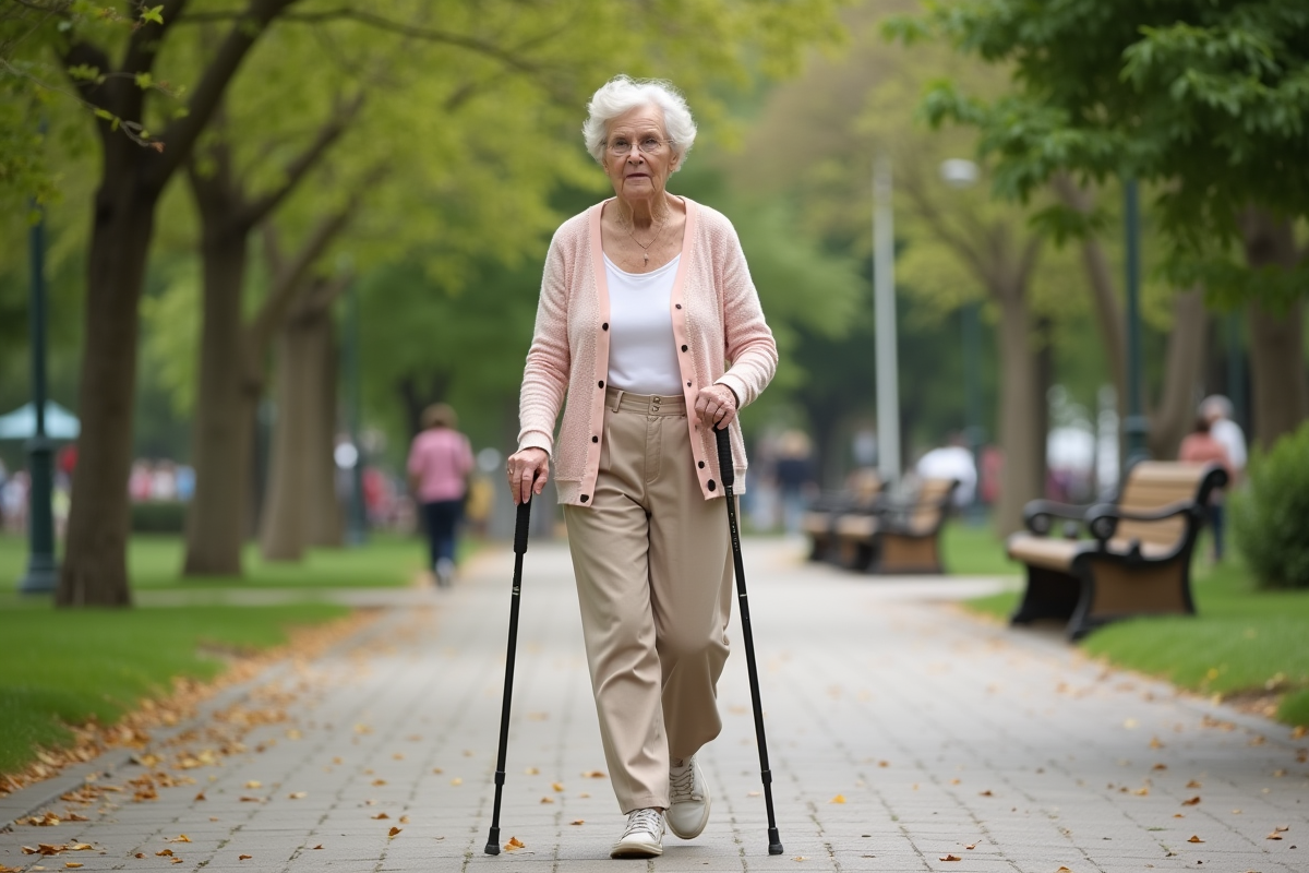 Femme âgée marchant dans un parc avec une canne et un sourire serein