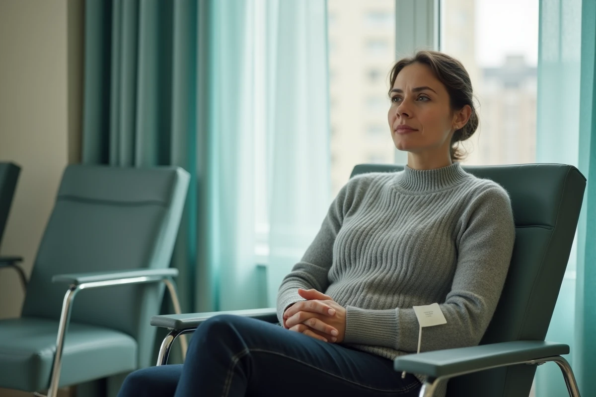 Femme recevant une perfusion de fer dans un centre de soins, assise dans un fauteuil médical avec une intraveineuse au bras
