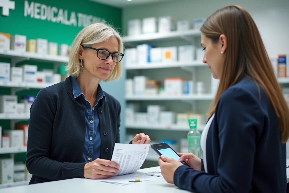 Femme en pharmacie présentant une facture médicale et consultant son téléphone pour un remboursement CPAM en retard