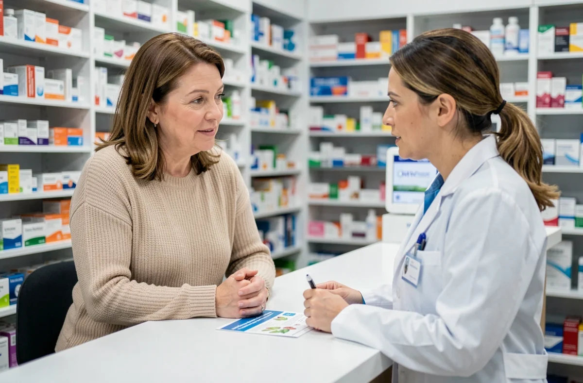 Femme discutant avec une pharmacienne d'un document d'information sur le stérilet et la contraception