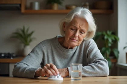 Femme d'une cinquantaine d'années examinant son pilulier de Levothyrox à la table de cuisine, expression préoccupée