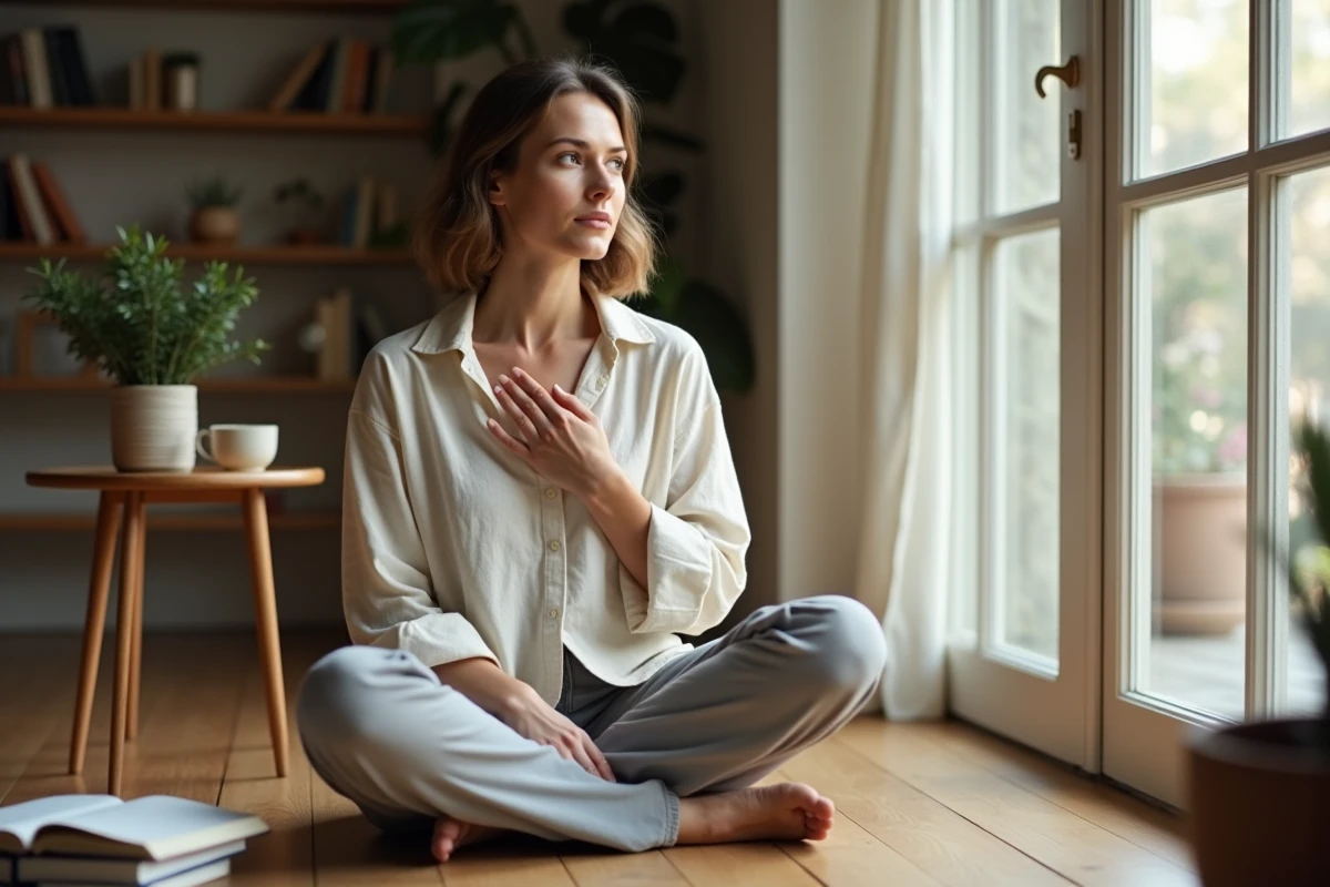 Femme en tenue décontractée assise sur un plancher en bois, main posée sur le cœur dans une posture de recueillement et de pleine conscience