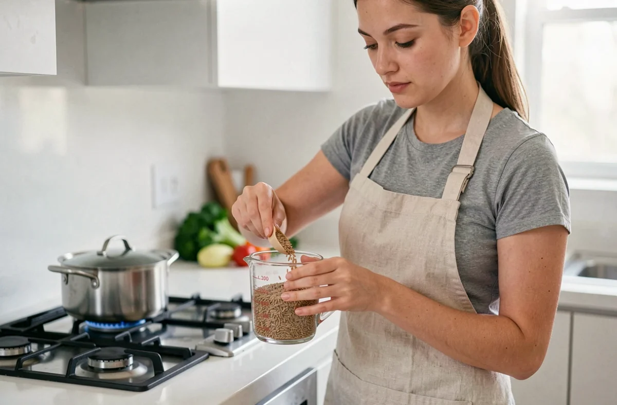 Femme mesurant du riz complet cru dans une tasse à mesurer en verre dans une cuisine moderne