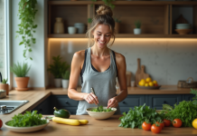 Jeune femme en cuisine préparant une salade fraîche