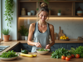 Jeune femme en cuisine préparant une salade fraîche