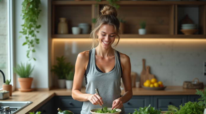 Alimentation saine : accélérer métabolisme naturellement ! Jeune femme en cuisine préparant une salade fraîche