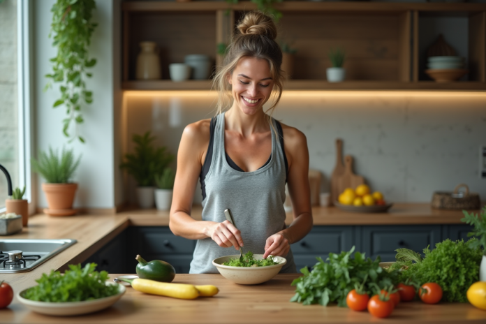 Jeune femme en cuisine préparant une salade fraîche