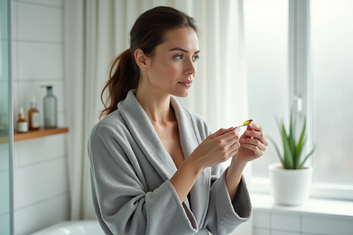 Femme en peignoir tenant une cuillère d'huile de ricin dans une salle de bain moderne, illustrant la prise d'huile de ricin en cure détox