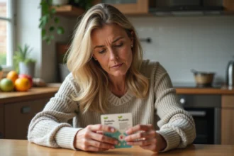 Femme d'âge moyen lisant un paquet de probiotiques dans la cuisine