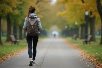 Jeune femme en marche dans un parc automnal avec sac à dos