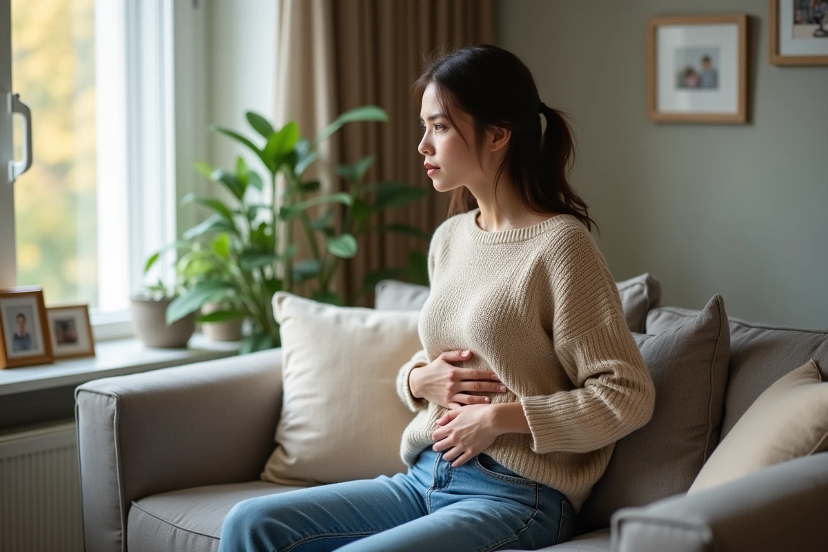 Jeune femme pensive assise dans un salon lumineux