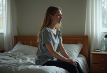 Perte de poids : les risques d’une perte de poids rapide Jeune femme pensive assise sur le lit dans une chambre modeste