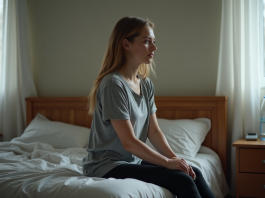 Perte de poids : les risques d’une perte de poids rapide Jeune femme pensive assise sur le lit dans une chambre modeste