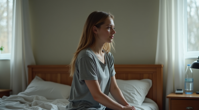 Perte de poids : les risques d’une perte de poids rapide Jeune femme pensive assise sur le lit dans une chambre modeste