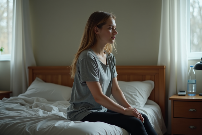 Jeune femme pensive assise sur le lit dans une chambre modeste