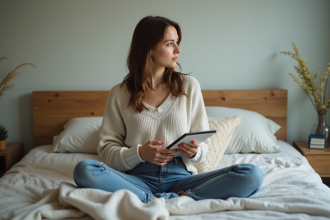 Femme en sweater cosy assise pensivement dans la chambre