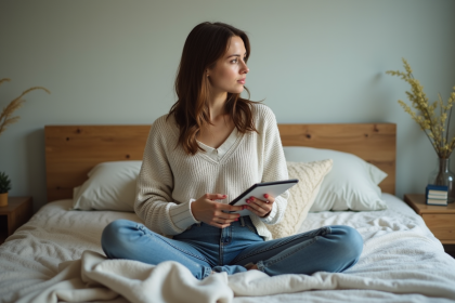 Femme en sweater cosy assise pensivement dans la chambre