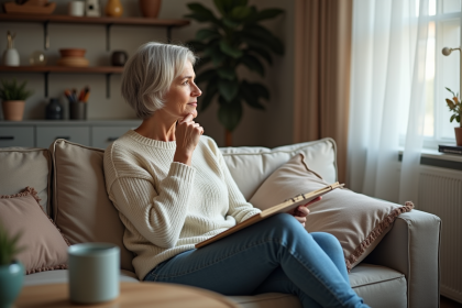 Femme réfléchissant dans un salon cosy et lumineux