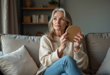 Rougeur : quand s’inquiéter ? Les signes à repérer Femme regardant son reflet avec visage flush dans un salon cosy