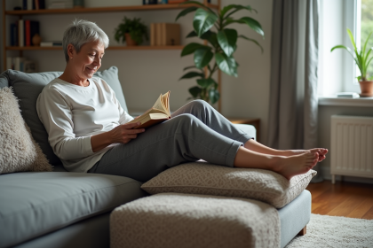 Femme détendue lisant sur un canapé moderne