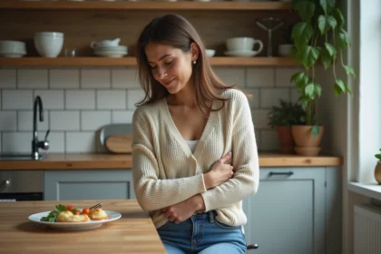 Femme en cuisine se tenant le côté après un repas