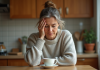 Fatigue : origine et traitement de la maladie neurologique méconnue Femme pensant dans sa cuisine confortable