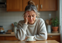 Fatigue : origine et traitement de la maladie neurologique méconnue Femme pensant dans sa cuisine confortable
