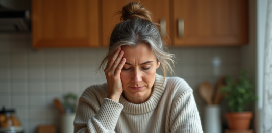 Fatigue : origine et traitement de la maladie neurologique méconnue Femme pensant dans sa cuisine confortable