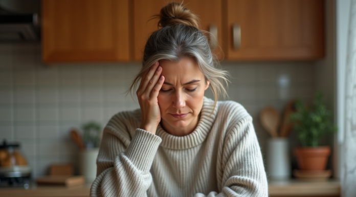 Femme pensant dans sa cuisine confortable