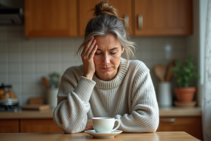 Femme pensant dans sa cuisine confortable