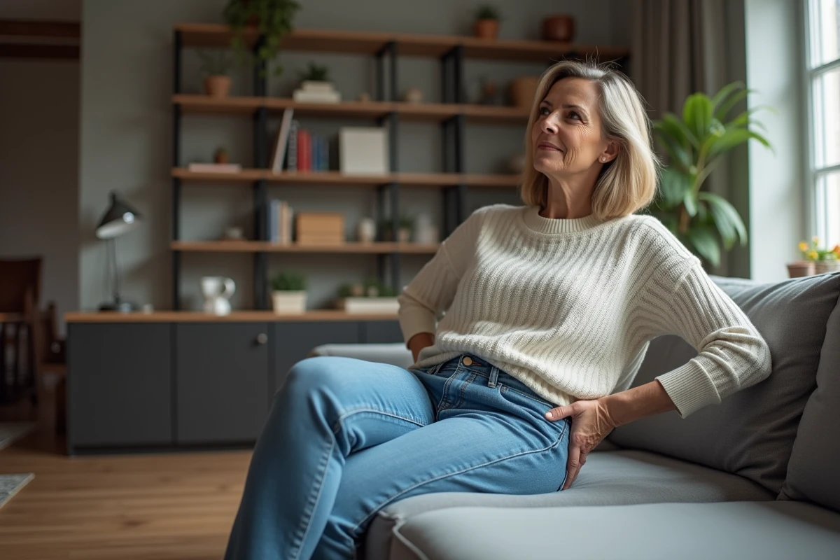 Femme assise sur un canapé dans un intérieur cosy
