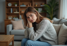 Femme contemplative dans un salon cosy et calme