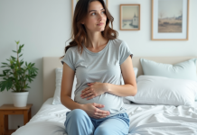Femme assise sur le lit dans une chambre calme et lumineuse