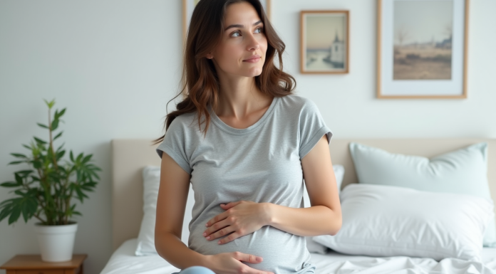 Femme assise sur le lit dans une chambre calme et lumineuse