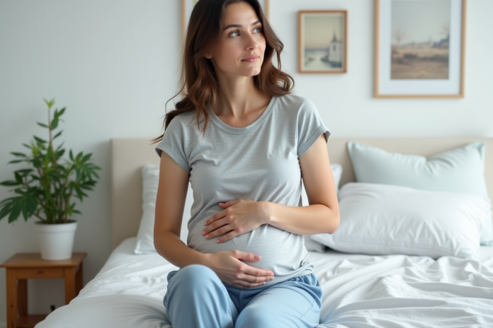 Femme assise sur le lit dans une chambre calme et lumineuse