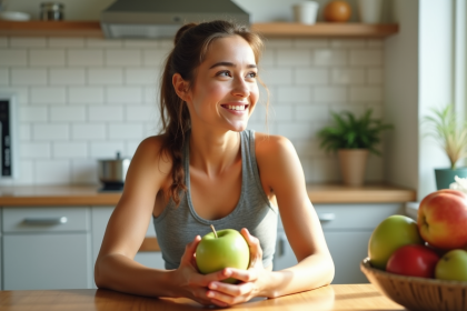 Jeune femme avec une pomme dans une cuisine lumineuse