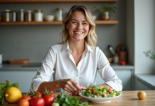 Femme souriante préparant une salade colorée à la maison