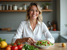 Perdre 5kg sans exercice : méthode efficace en 2 jours Femme souriante préparant une salade colorée à la maison