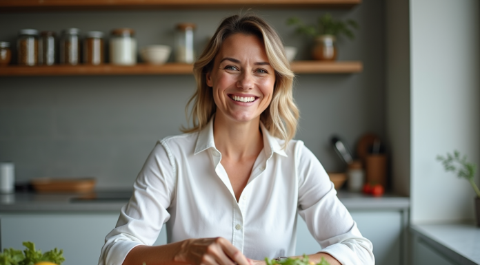 Perdre 5kg sans exercice : méthode efficace en 2 jours Femme souriante préparant une salade colorée à la maison