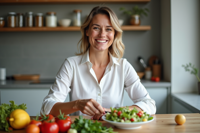 Femme souriante préparant une salade colorée à la maison