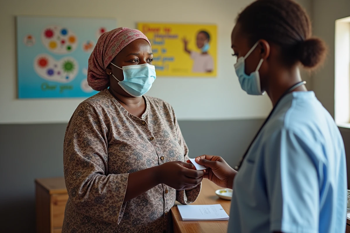 Femme tanzanienne avec masque recevant un vaccin