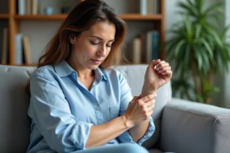 Femme d'âge moyen montrant ses signes d'eczéma sur le bras