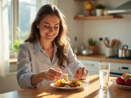 Coupe faim efficace : pourquoi vous n’avez plus faim ? Femme souriante à la cuisine avec fruits et eau