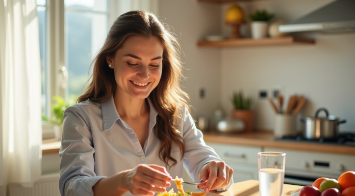 Coupe faim efficace : pourquoi vous n’avez plus faim ? Femme souriante à la cuisine avec fruits et eau